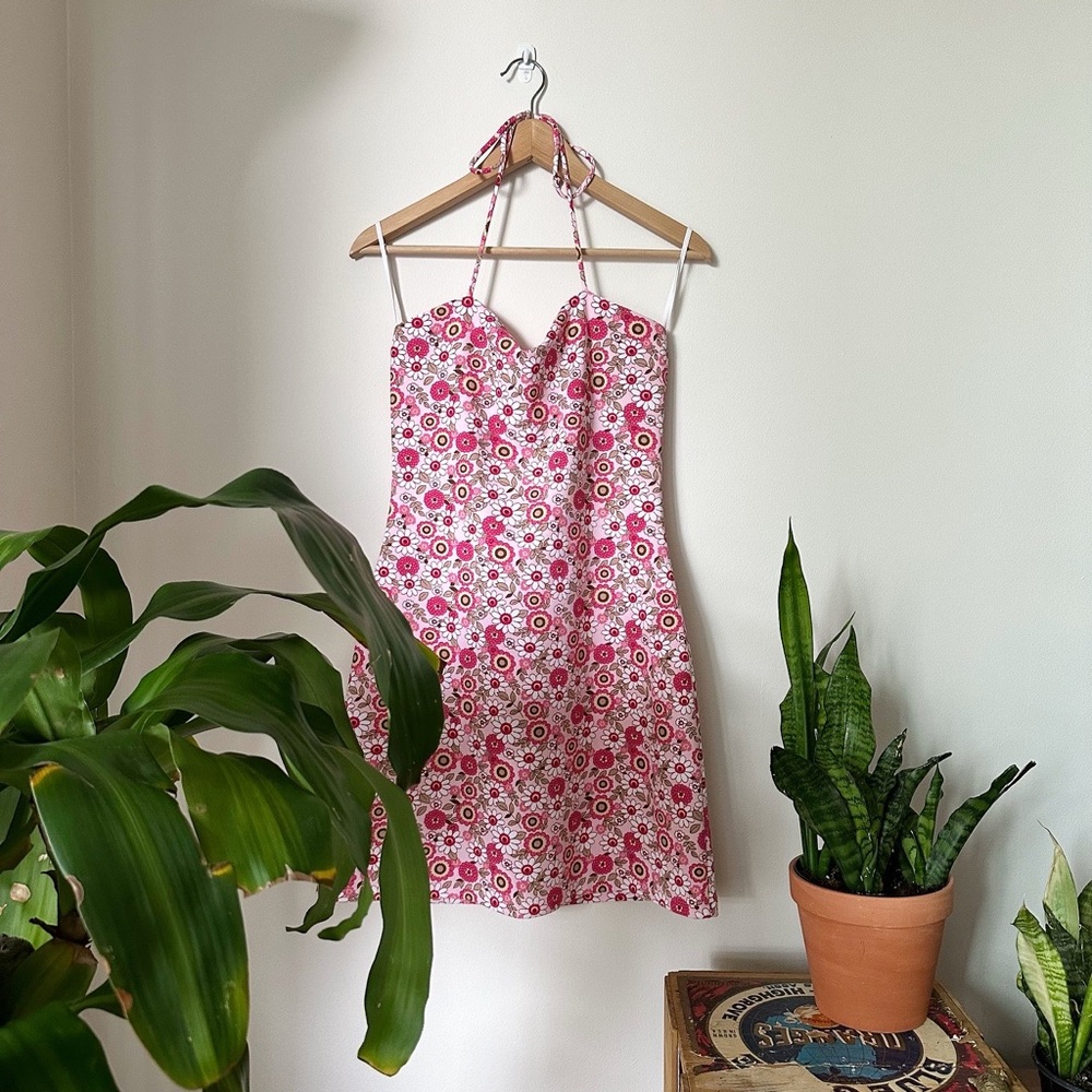 PELICAN COVE VINTAGE HALTER FLORAL MINI DRESS